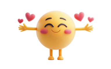 Playful hugging face emoji character with open arms and floating hearts representing kindness, friendship, and joy isolated on transparent background PNG