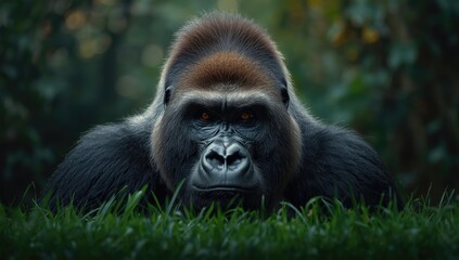 Portrait of a large female gorilla amid forest greenery, highlighting her face and natural environment, World Wildlife Day