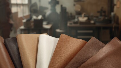 Leather samples in beige tones arranged for background use, highlighting surface details for layout design
