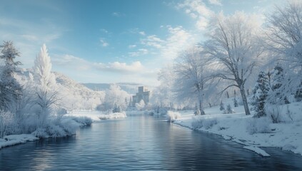 Snow-covered trees and a flowing river in a winter forest scene, seasonal transition