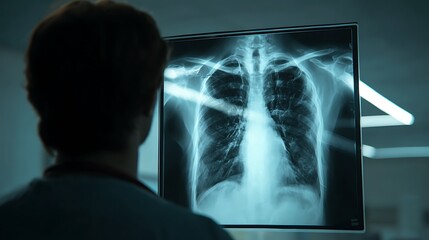 A medical professional observing a chest radiograph in a sterile, modern healthcare setting