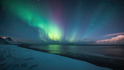 Aurora borealis lighting up the night over Skagsanden beach in the Lofoten Islands, seasonal celestial phenomenon