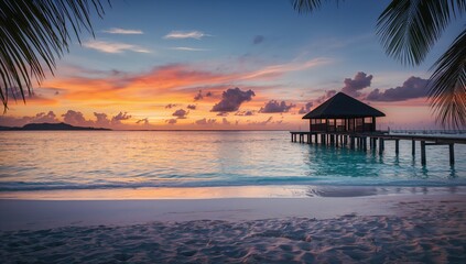 Beach at sunset with colorful sky and gentle surf, suitable for background or UI design