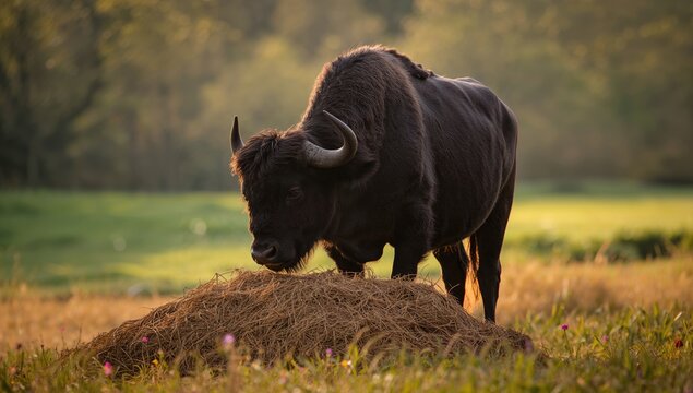 Black buffalo consuming feed inside a farm stall, emphasizing agricultural animal care, World Animal Day