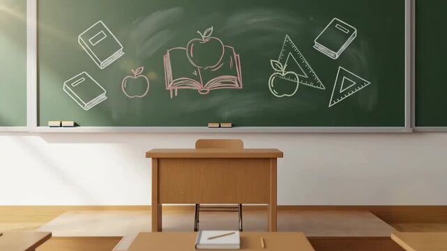 Classroom interior with wooden desks and chalkboard featuring book and apple drawings, creating a learning environment.