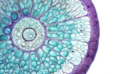 The plant stem cross-section under a microscope revealing colorful vascular bundles and cells