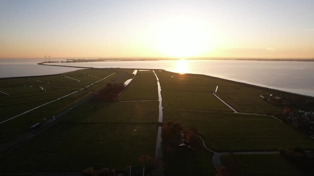 Wide aerial shot of Marken village and surrounding water