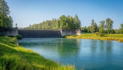 Riverbank with a bulk dam, essential for irrigation and flood prevention, environmental infrastructure, Earth Day