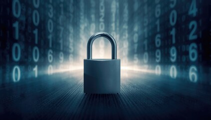 Background featuring numeric digits with a padlock icon indicating data protection, ideal for cybersecurity themes