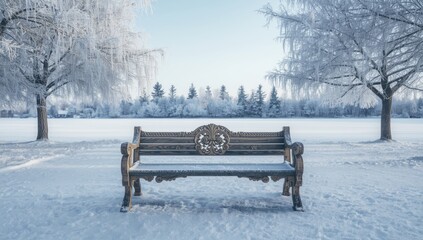 Park bench blanketed in snow within a cold outdoor setting, used for rest and relaxation during winter months, seasonal change
