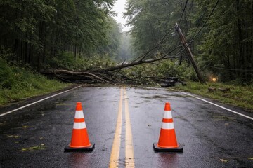 Road shutdown indicated by two cones because of trees and power cables downed in high winds