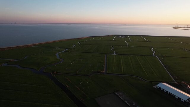 Aerial drone view of traditional village of Marken, Netherlands