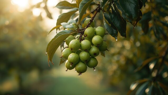 Green Jujube fruits clustered on a tree branch in an orchard setting, highlighting fresh produce, Earth Day
