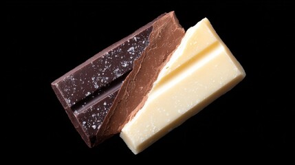Dark chocolate and white chocolate bars are elegantly arranged on a black background, showcasing their rich textures and contrasting colors, perfect for dessert concepts and culinary inspiration