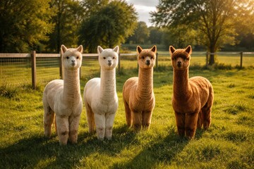 Obraz premium Happy pet alpacas showcased full length on a green grass lawn protected by sturdy fencing under summer sun