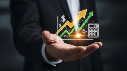 Businessman presenting financial growth with upward trending graphs and calculator
