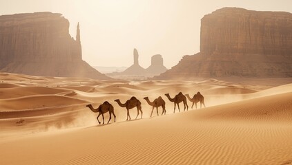 Camels in Al Ula landscape, drought resilience and arid climate adaptation