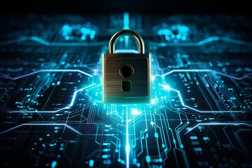 Padlock securing a glowing blue circuit board with data lines, symbolizing digital security and privacy