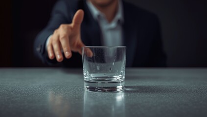 Close-up of an empty alcoholic beverage glass on a gray table with a hand in the background, highlighting issues of alcohol misuse