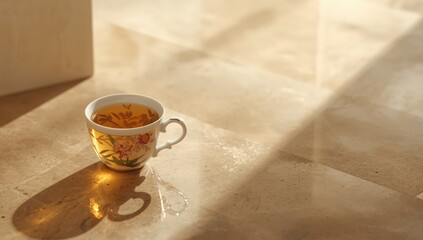 A cup of teas reflection on the floor in a quiet home environment, ideal for editorial header backgrounds