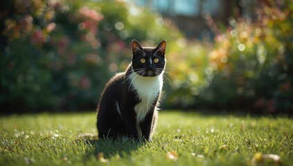 Feline with intense eyes and prominent whiskers among garden plants, highlighting natural wildlife