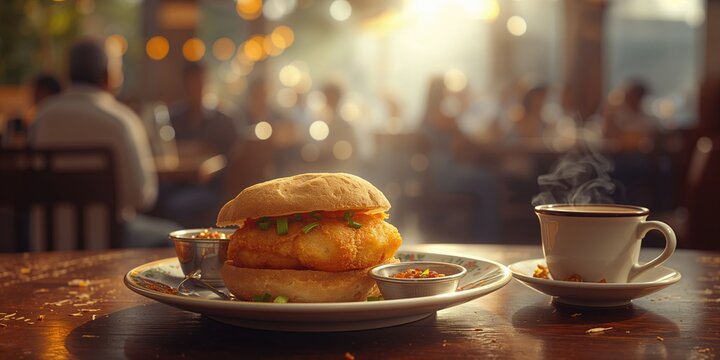 Vada paav with spicy masala chai, a deep-fried potato patty in gram flour batter inside a bun, popular street snack, Food & Drink