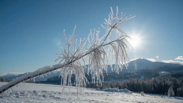 Frost-laden tree branch under bright sunlight in a winter scene, emphasizing seasonal preservation