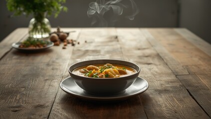 Vegetable and baby potato soup served on a table, highlighting organic ingredients and nutritional benefits for a plant-based diet
