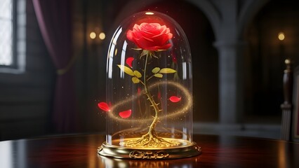 Enchanted crimson rose preserved under an ornate glass bell jar glows with magical golden light on a dark wooden surface