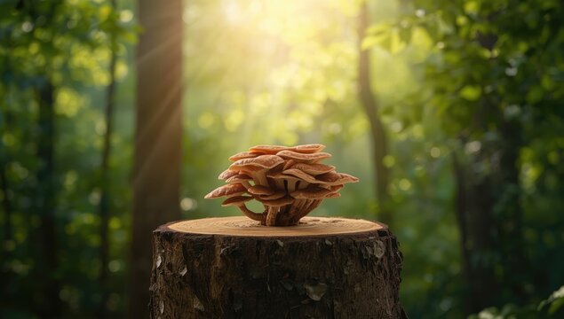 Ganoderma fungi on a tree trunk illuminated by dawn light, highlighting natural forest ecology