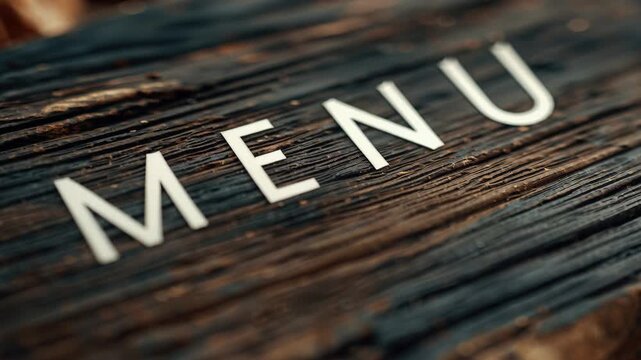 Wooden board displaying the word menu with rustic textured surface.