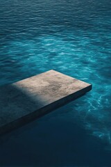 Fototapeta premium A rectangular concrete dock extends into crystal-clear turquoise water. Concept Rectangular concrete dock, Turquoise water, Crystal-clear sea, Coastal minimalist scene, Calm seaside