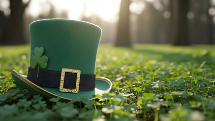 St patrick's day green top hat with shamrock and gold buckle on grass