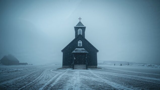 Snowstorm reveals stark, minimalist view of a black church in a snow-covered landscape, focusing on winter weather effects