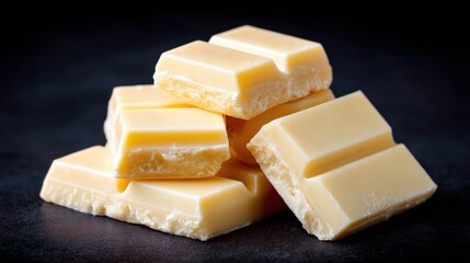 White chocolate bars stacked elegantly on a dark surface, showcasing smooth texture and creamy color, perfect for dessert recipes and sweet treats