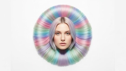 Fashion Model With Colorful Pastel Rainbow Hair In A Circular Halo Shape On White Background Studio Lighting
