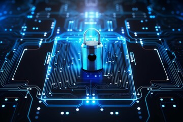 Padlock protecting digital circuit board representing data privacy and network security