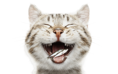 Happy cat emoji character with miniature fish representing fun, amusement, and lighthearted expression isolated on transparent background PNG