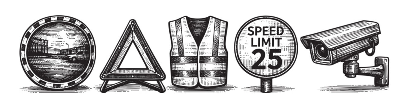 A woodcut style illustration of safety and security icons including a traffic cone, a warning sign, a safety vest, a speed limit sign, and a security camera on a white background.