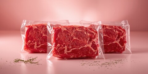 Raw beef portions in sealed packaging designed for culinary preparation, emphasizing meat preservation