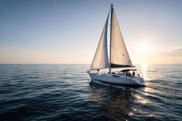 Fototapeta premium Sailboat gently cutting through calm blue water under a clear sky
