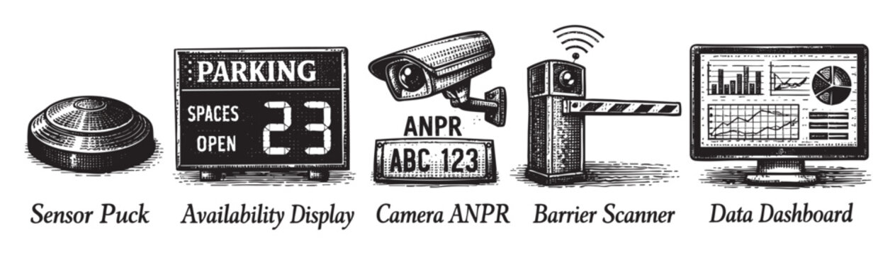 A collection of black and white illustrations depicts modern parking management technology including a sensor puck, availability display, ANPR camera, barrier scanner, and data dashboard.