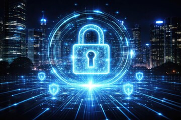 Glowing padlock hologram illustrating cybersecurity barriers in urban nightscape