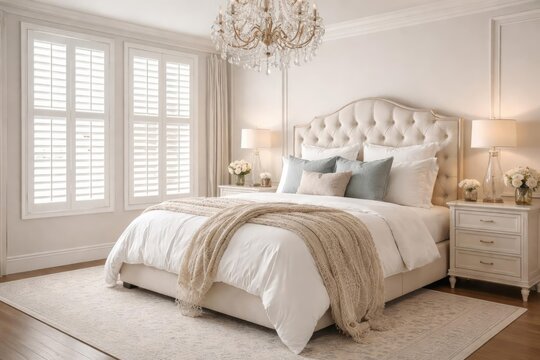 Upscale bedroom design showcasing classic white plantation shutters and plush bedding