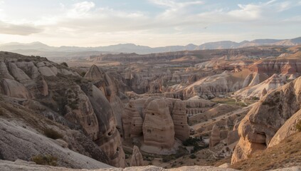 Fototapeta premium Valley landscape with pigeons in Nevsehir City, Cappadocia, Turkey, emphasizing natural habitat and urban bird activity