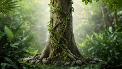 Tree trunk featuring twisted vines and ornamental stones at the base, highlighting plant care, isolated background