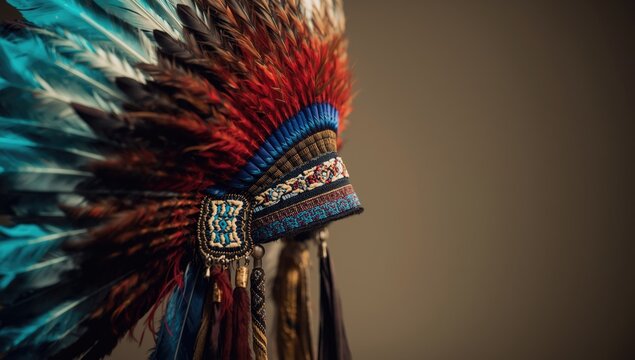 Colorful feathers in a Native American chiefs headdress, highlighting ceremonial attire and cultural heritage, Indigenous Peoples Day