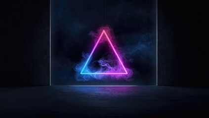 Bright mystical neon triangle suspended over a concrete surface with swirling smoke, cosmic fantasy scene, modern abstract design, digital art