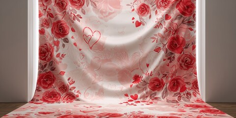 Textile backdrop featuring Valentines Day theme with message space, ideal for romantic layouts or greeting cards