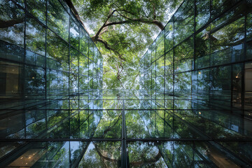 Modern glass ceiling reflecting green tree branches and leaves in low angle perspective, creating serene and natural atmosphere with vibrant light and shadows